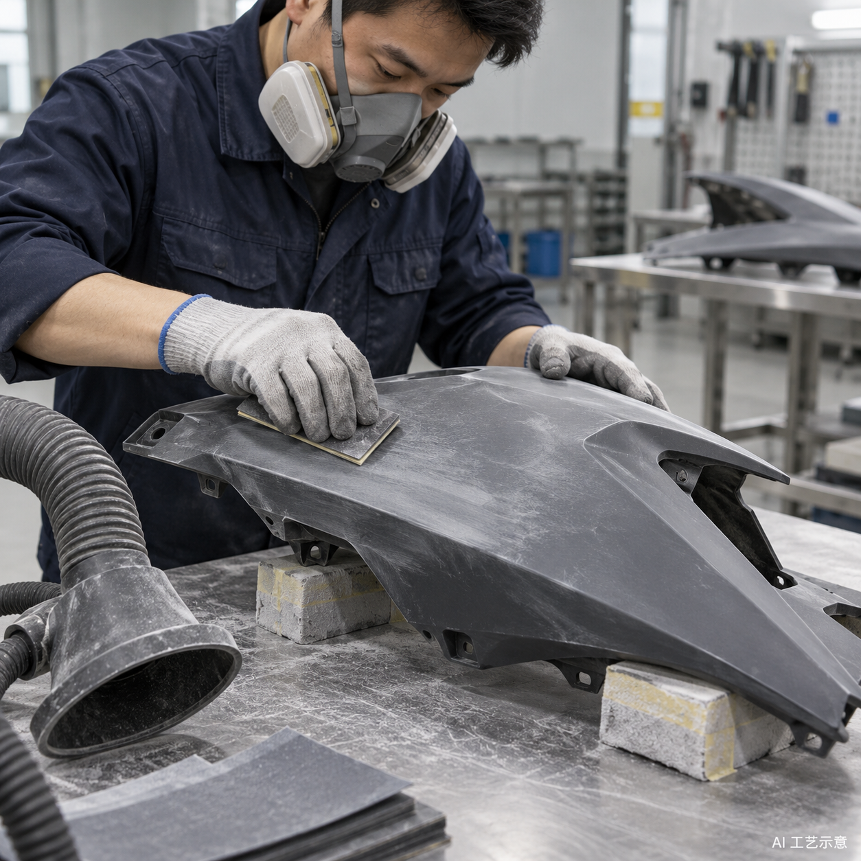 Surface inspection and 800-grit sanding — AI process illustration — not a supplier photograph