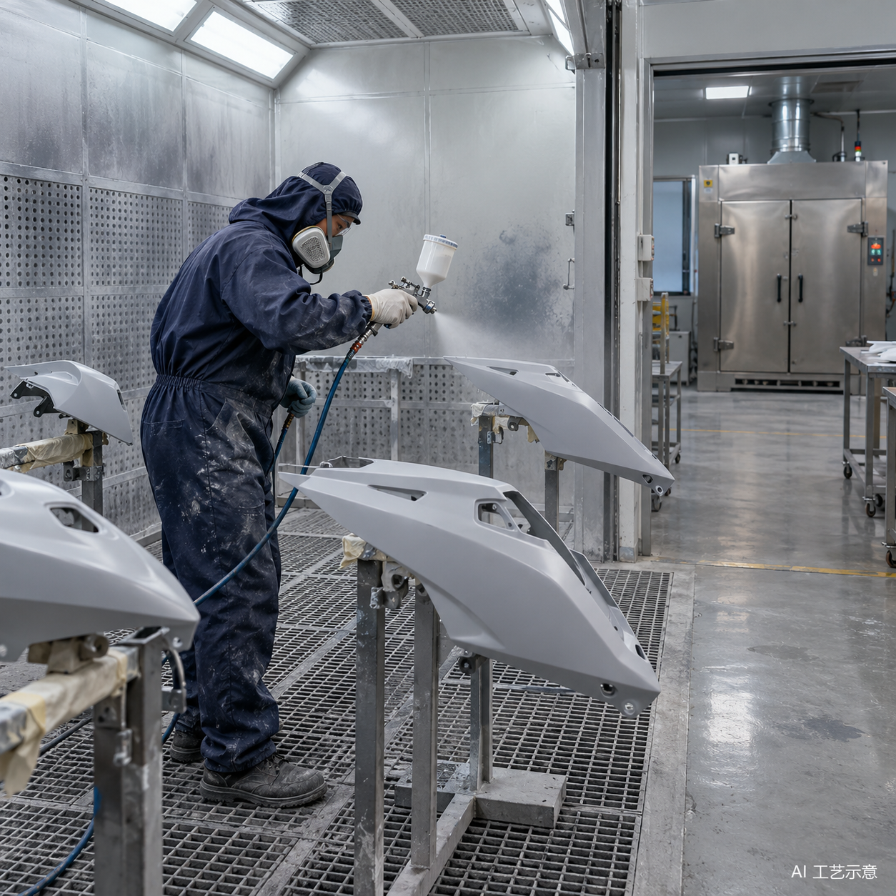 Fixture mounting and entry to the paint line — AI process illustration — not a supplier photograph