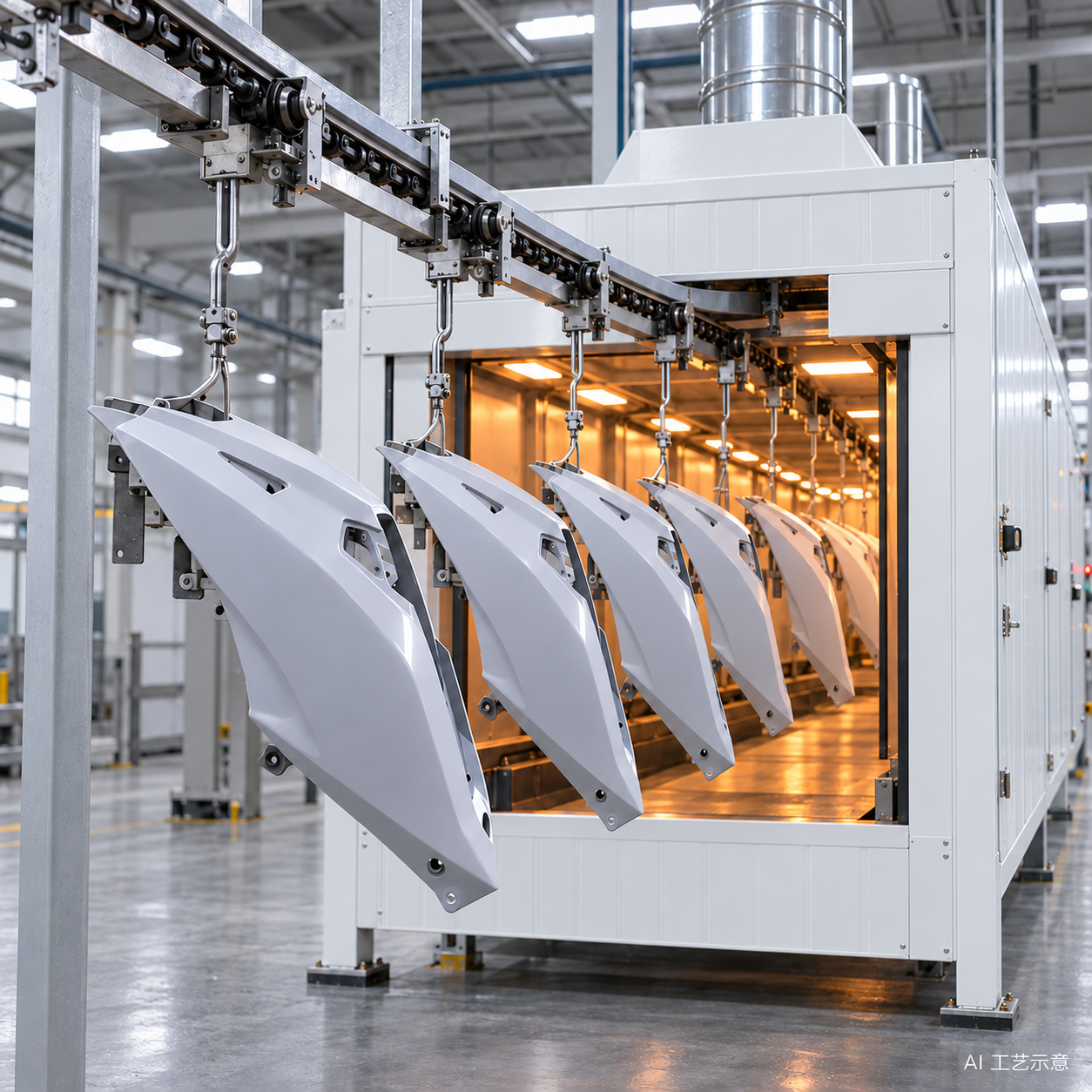 Resting, hanging-conveyor oven curing and air cooling — AI process illustration — not a supplier photograph