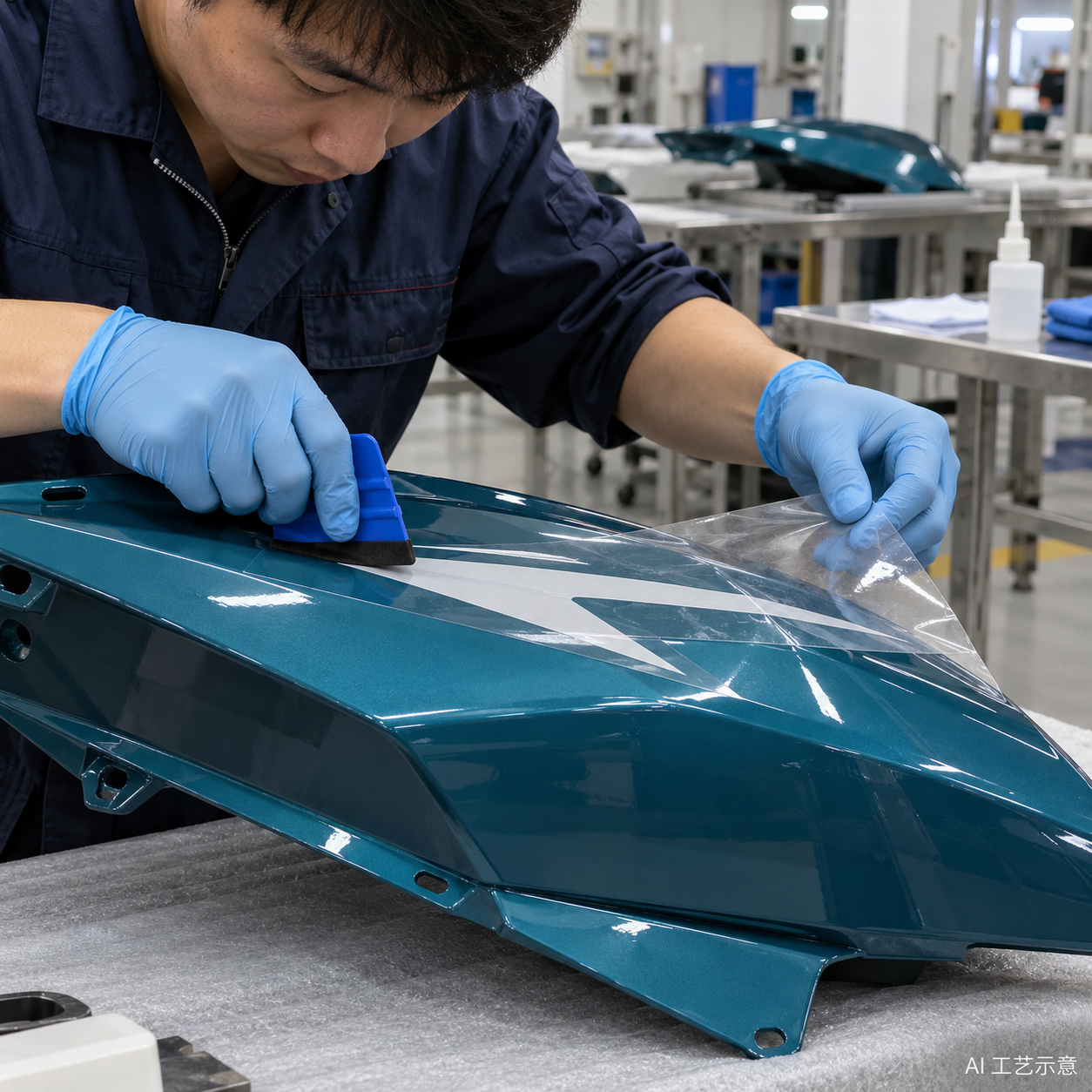 Decals on the painted surface — AI process illustration — not a supplier photograph