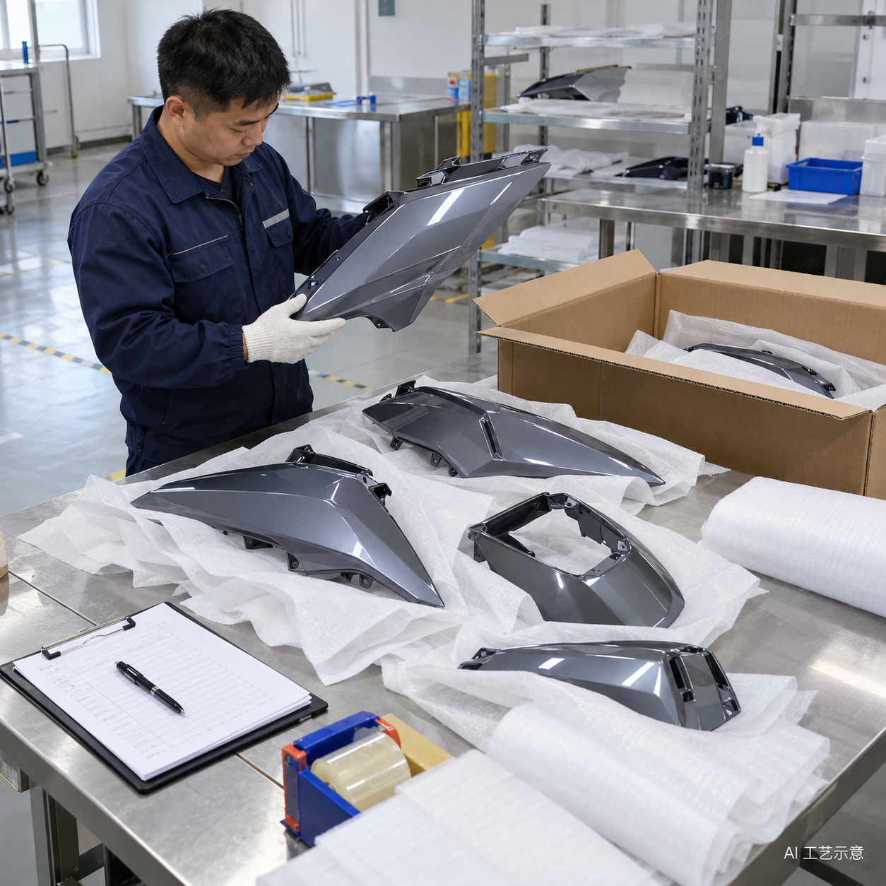 Protective packing and dispatch checks — AI process illustration — not a supplier photograph